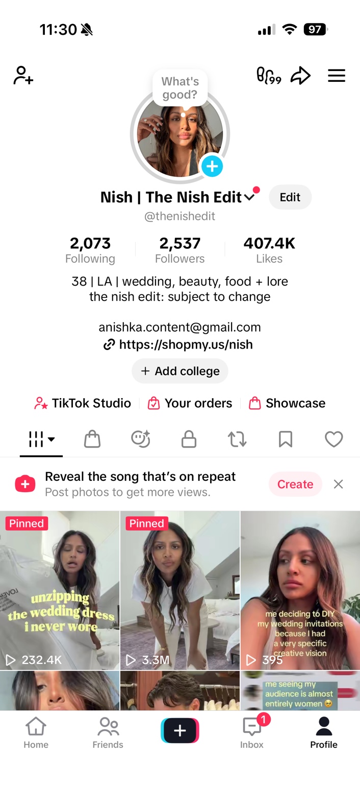The Nish Edit TikTok profile showing 3.3 million views on a story-led video
